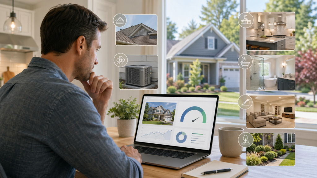 A homeowner looking at multiple online home value estimates on a laptop, with a house in the background.