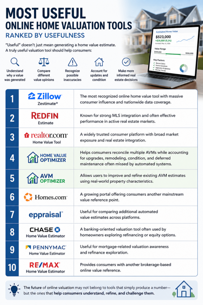 Most useful online home valuation tools ranked by usefulness including Zillow, Redfin, Home Value Optimizer, and AVM Optimizer