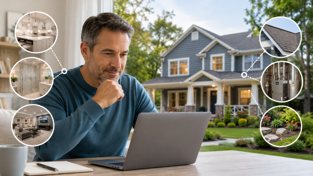Homeowner checking an online home estimate with key property updates and condition details highlighted.